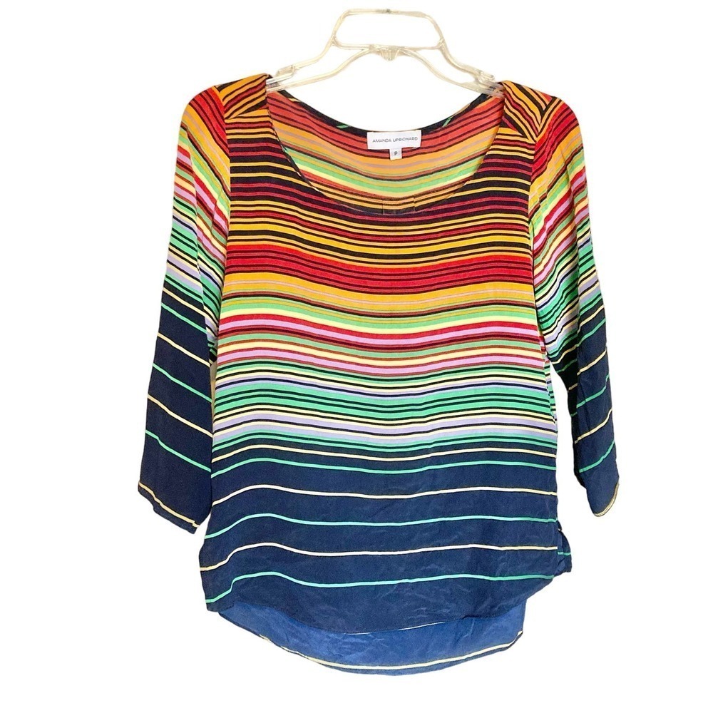 Amanda Uprichard XS P Multicolor Stripe Silk 3/4 Sleeve Roll Tab Spring Summer
